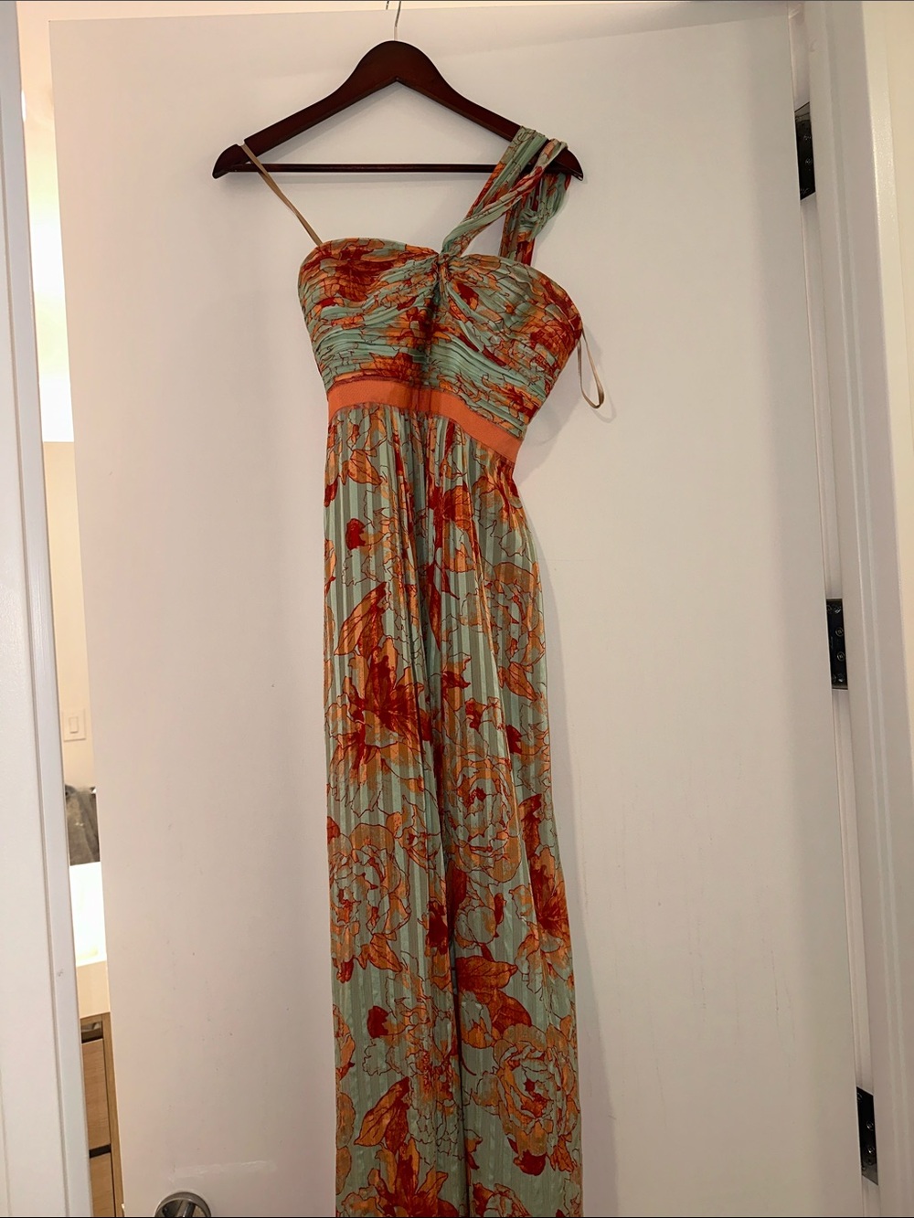BCBGMaxAzria One-Shoulder Floral Maxi Dress in Mint and Orange